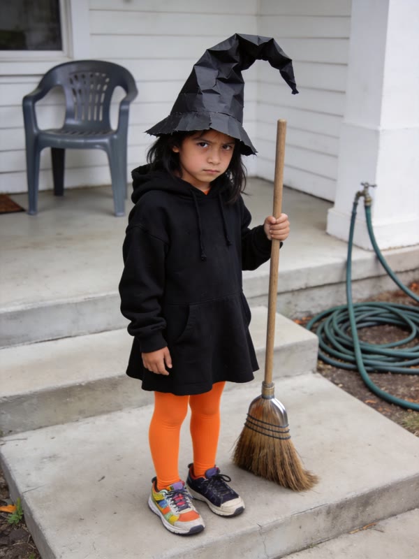 Real photo: black hoodie, paper witch hat and a broom